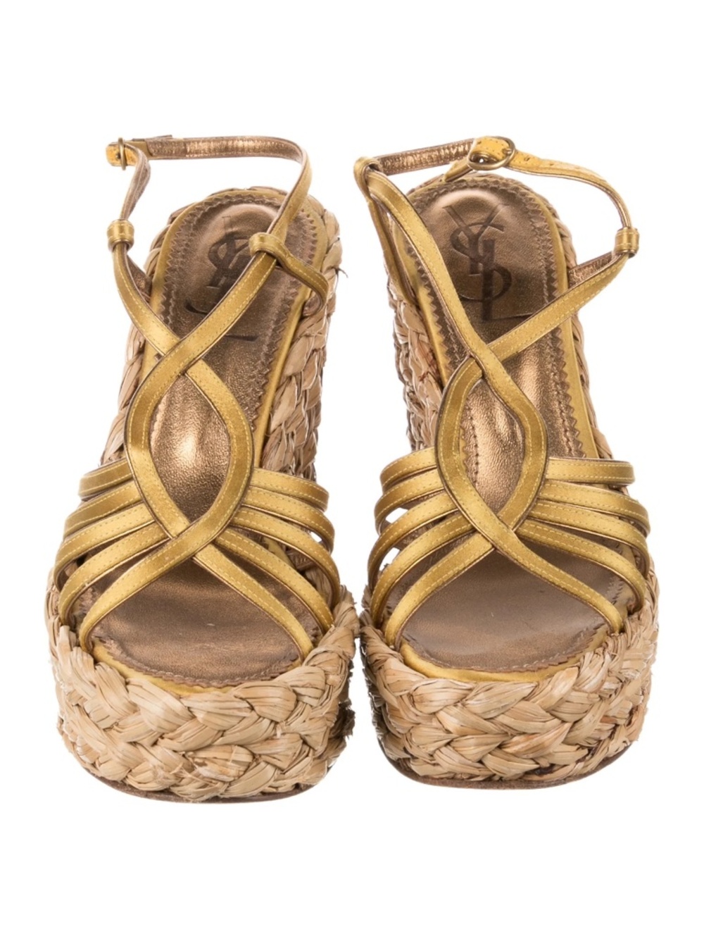 Yves Saint Laurent Metallic Gold Strappy Wedge Sandals